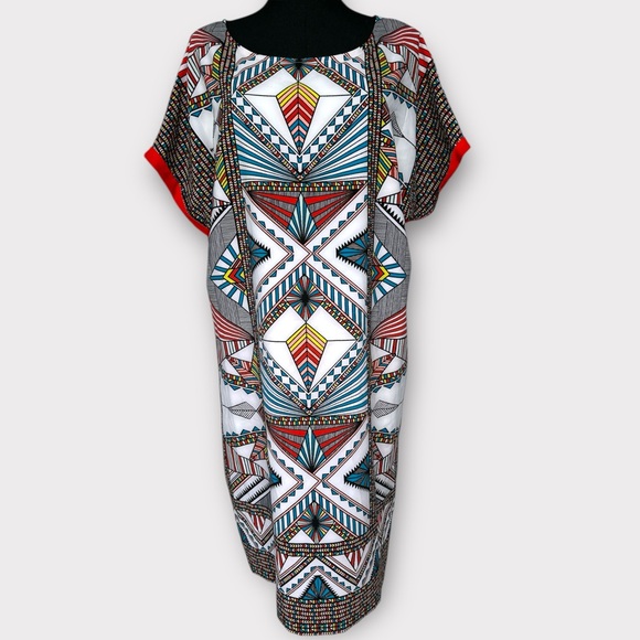 Gibson Latimer Geometric Tribal Caftan Midi Dress Boho Vacation Art to Wear Sz L - Picture 2 of 12